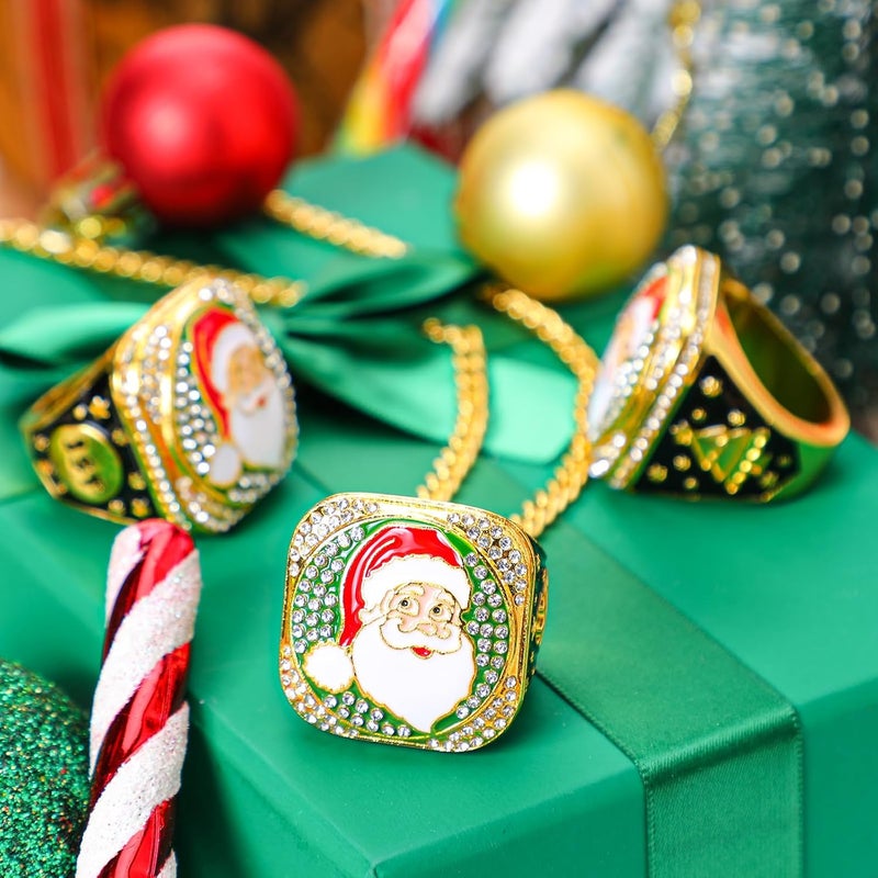 Highergo 3 Pcs Santa Claus Championship Trophy Rings Santa Award 1st, 2nd, 3rd Place Holiday Competition Prize with Display Neck Chain and Stand for Xmas Christmas Party Competition Gift - Image 2